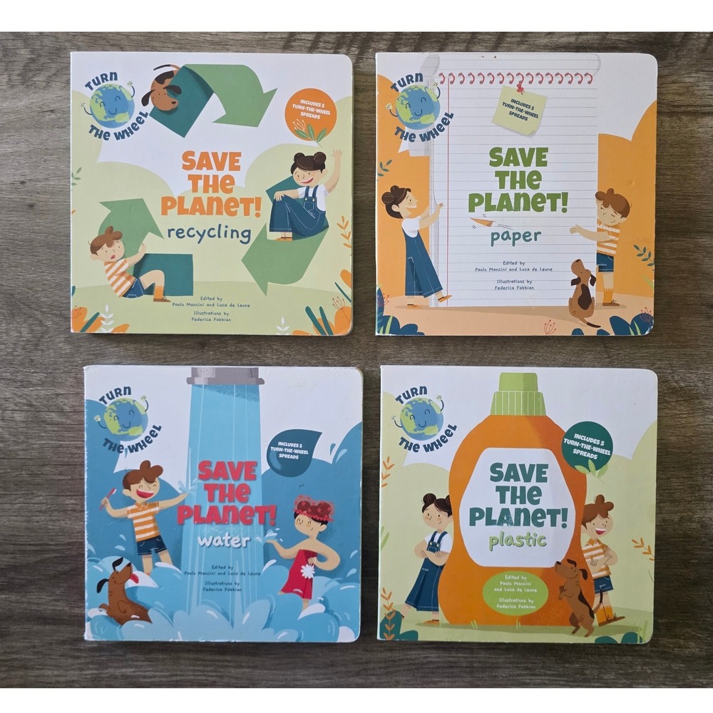 Save The Planet Turn The Wheel Board Book Set Recycling Paper Water Plastic 4pk